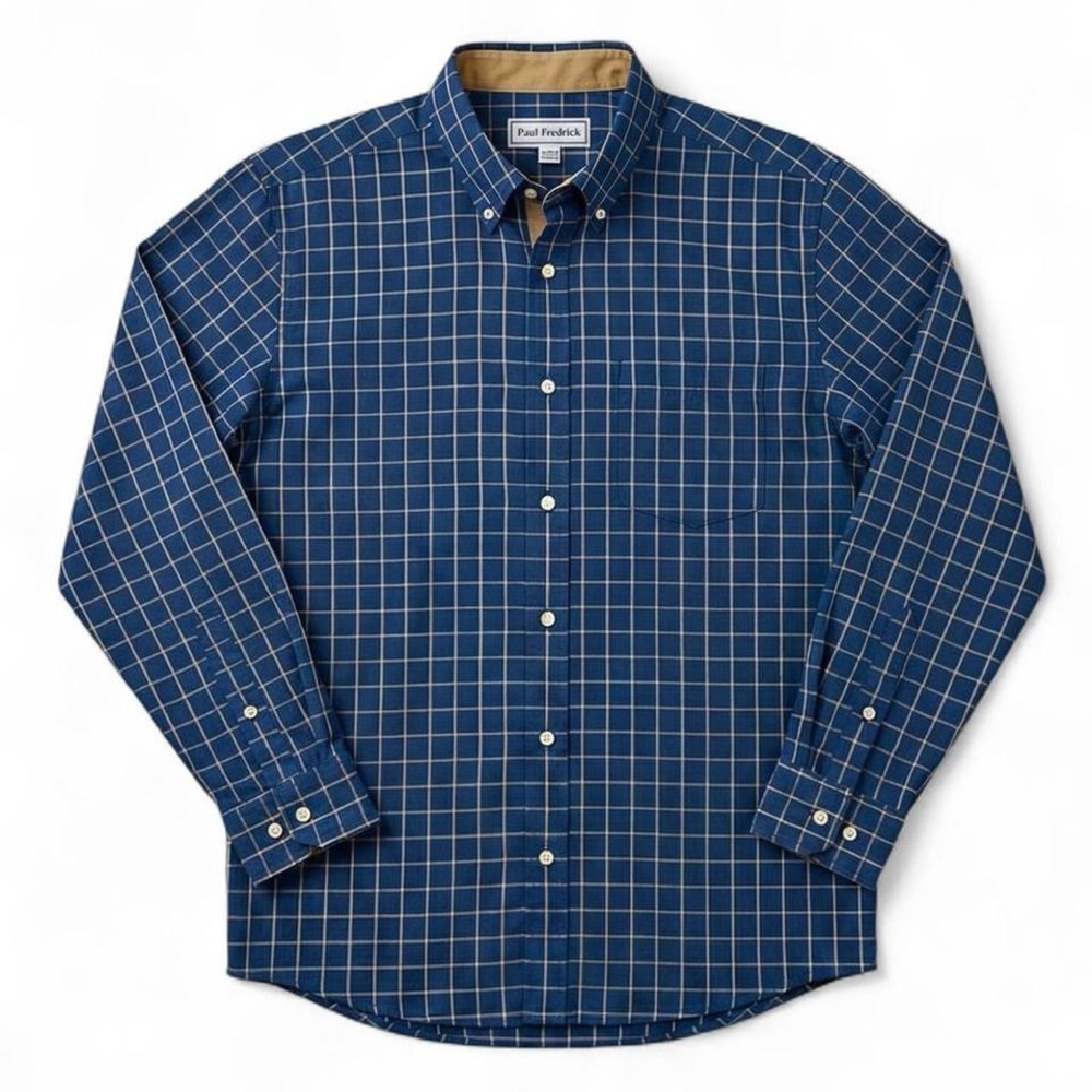 Paul Fredrick Men's 16.5-32 Non-Iron Button Down Shirt Blue Gold